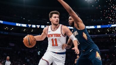 Jalen Brunson (11) Drives Past The Pelicans Defense Late In The Fourth Quarter, Scoring The Decisive Buckets To Seal A 130 125 Victory For New York.